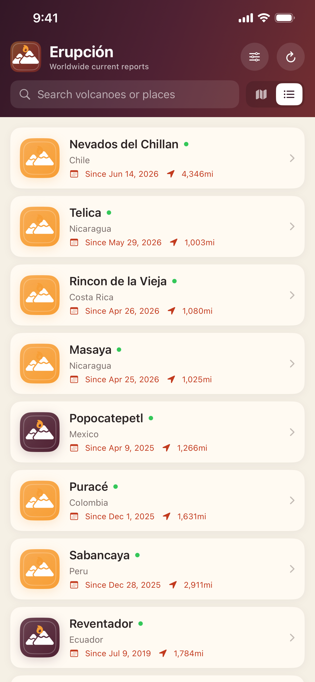 Erupción list of reported volcano events