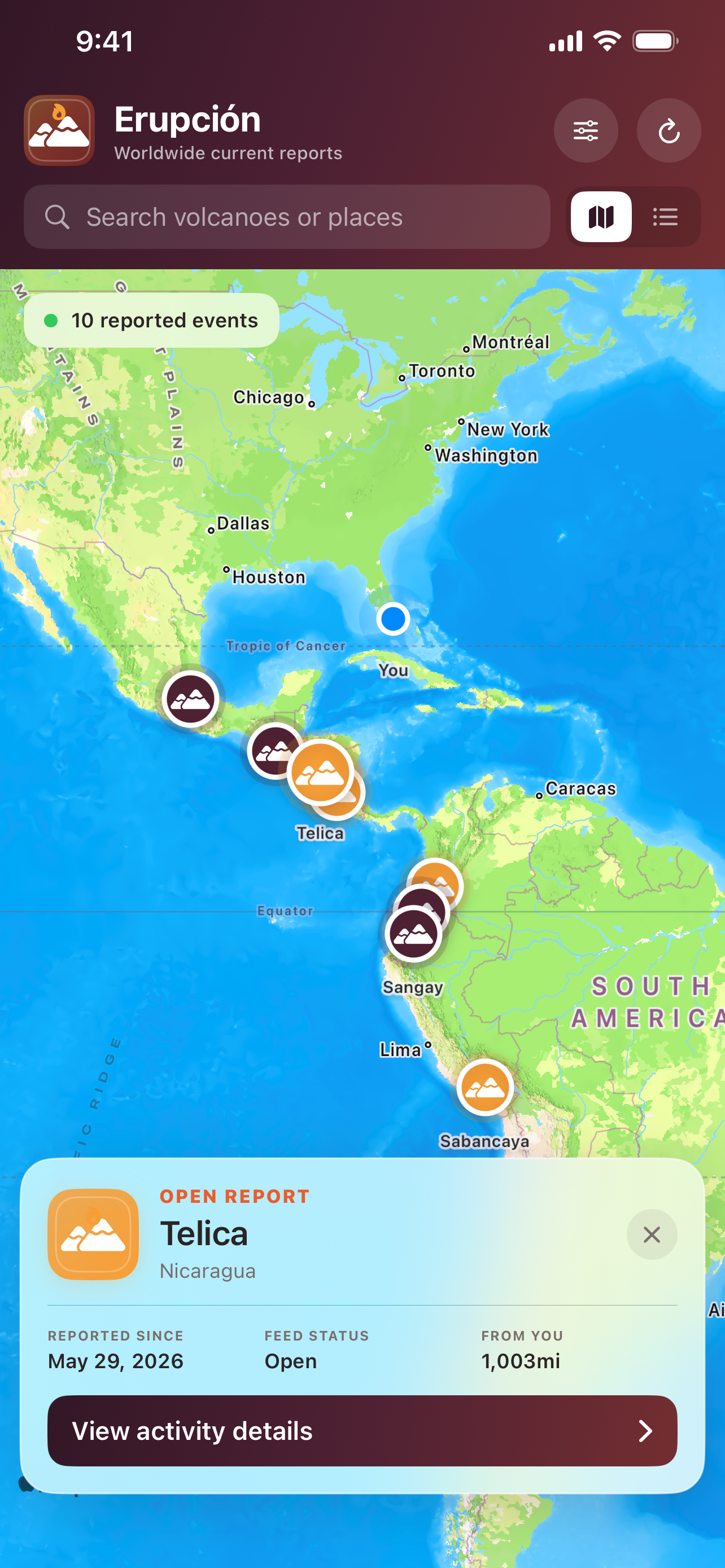 Erupción volcano preview card over the map