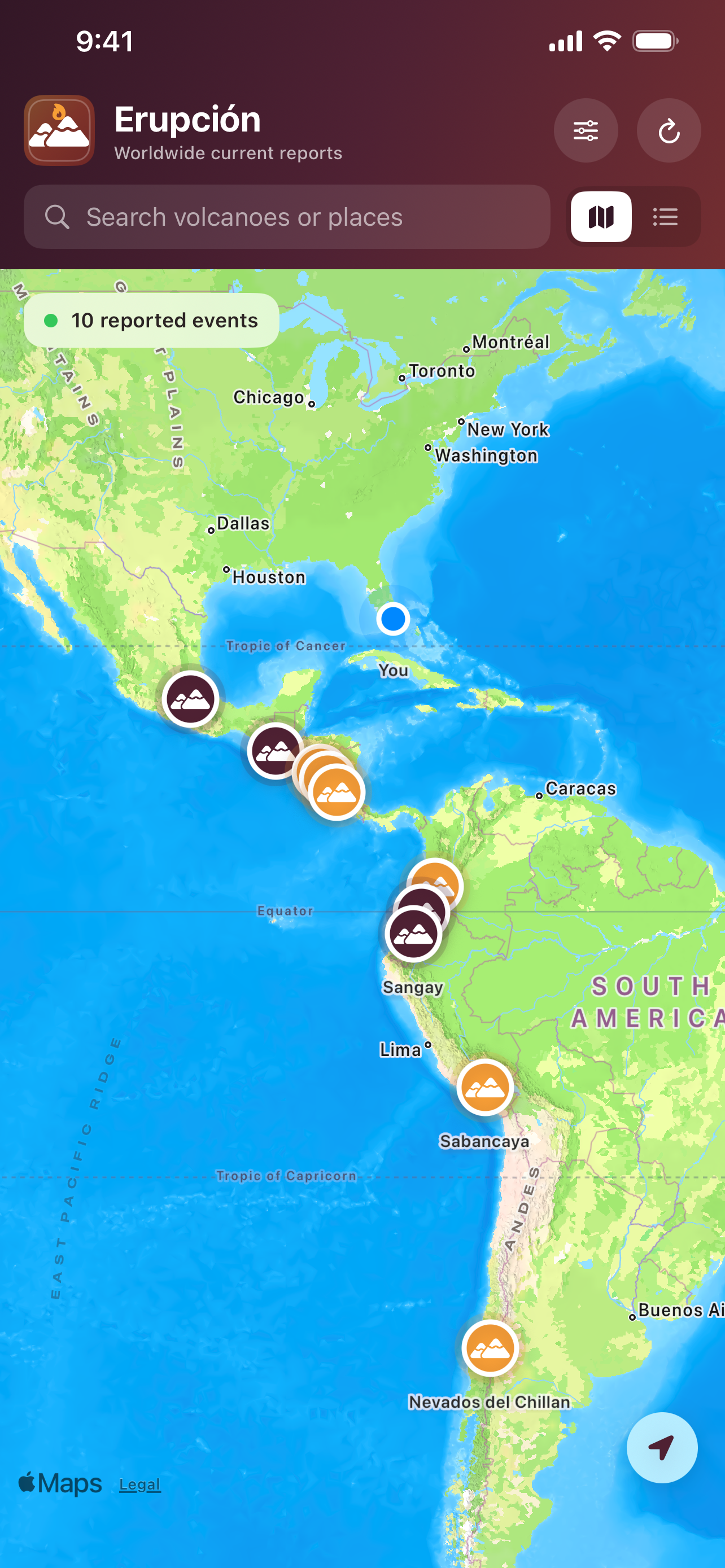 Erupción global map with reported volcano markers