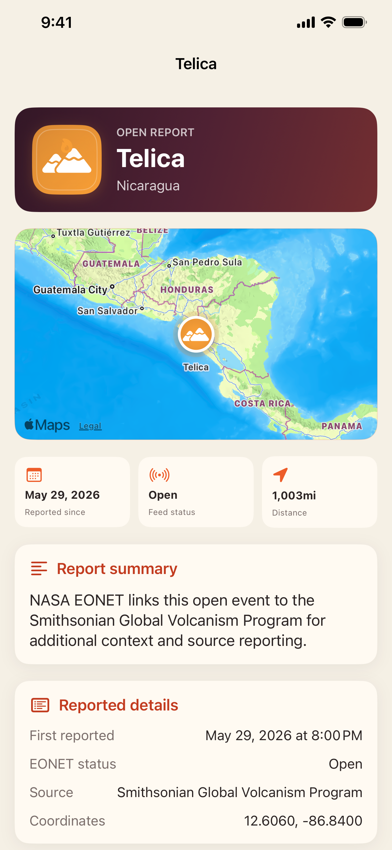 Erupción report details and original source information